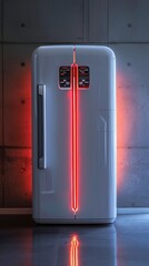 Sleek and Futuristic White Robot Refrigerator with Vibrant Red Lighting Accents