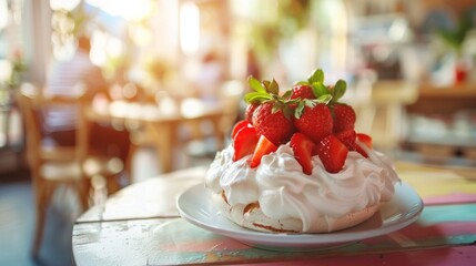 Tasty sweet meringue pavlova dessert with strawberry fruit on plate at wooden table. AI generated