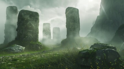 Enter a realm of ancient mysticism, where towering stone monoliths stand amidst a swirling mist, their weathered surfaces etched with ancient symbols and carvings.