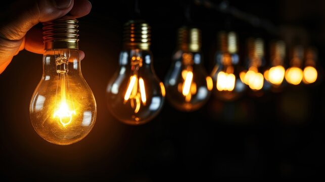 Human hand holding one of many glowing light bulb on dark background. AI generated image