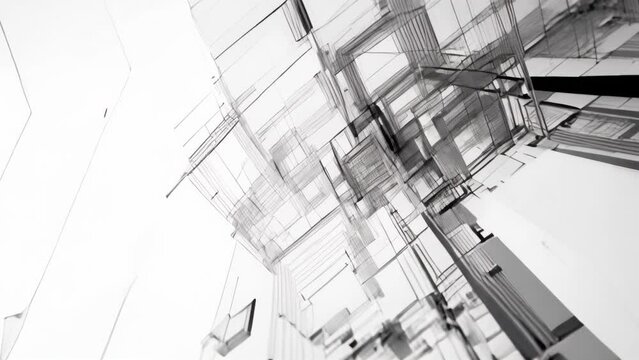 Abstract architectural sketch of a building in black and white. Concept for architectural design, planning, and conceptual development.