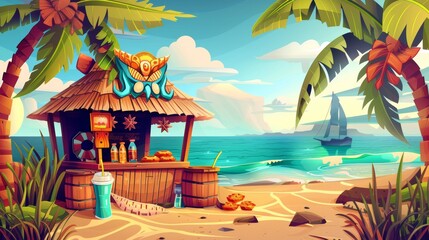 Summer beach with tiki bar, wooden hut with tribal masks, drinks and snacks. Modern tropical landscape with sea and palm trees with cafe and cocktails. Exotic vacation concept. - obrazy, fototapety, plakaty