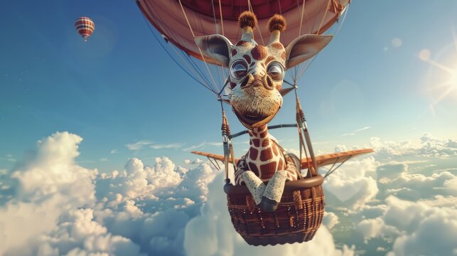Realistic Pilot giraffe is flying high in a hot air balloon, defying gravity. The balloon is colorful, and the giraffe looks comfortable in its unusual mode of transportation.