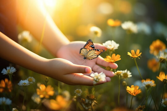 Closeup children's hands hold a beautiful butterfly; blurred camomile field background