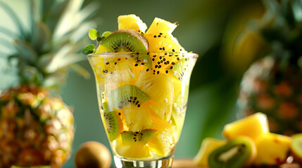 Fruit cocktail with pieces in a glass goblet with pineapple and kiwi pieces as decoration. Koktajl owocowy z kawałkami w szklanym kielichu z kawałkami ananasa i kiwi jako dekoracja. - obrazy, fototapety, plakaty