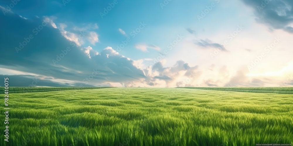 Poster serene countryside landscape with green fields and azure sky generative ai