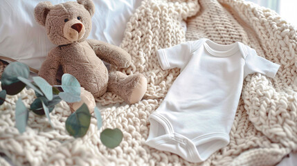 A soft white cotton onesie with short sleeves rests on a luxurious ivory blanket throw. A cuddly teddy bear and a sprig of fragrant eucalyptus complete the peaceful scene. 
