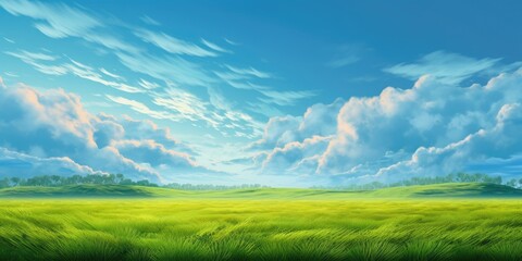 Idyllic Countryside Landscape with Green Fields and Clear Blue Sky Generative AI