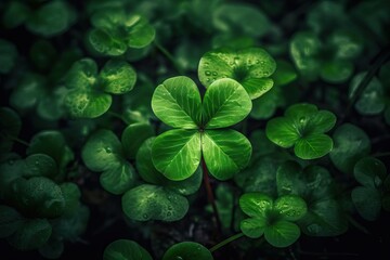Vibrant Close-Up of Four-Leaf Clover for St. Patrick's Day Generative AI - obrazy, fototapety, plakaty
