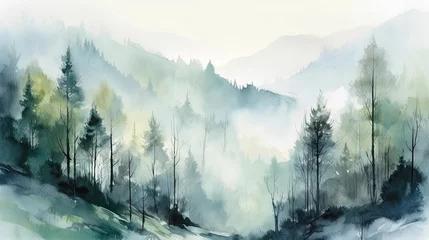 Foto op Plexiglas Enchanting Foggy Forest Landscape in Watercolor Generative AI © AlexandraRooss