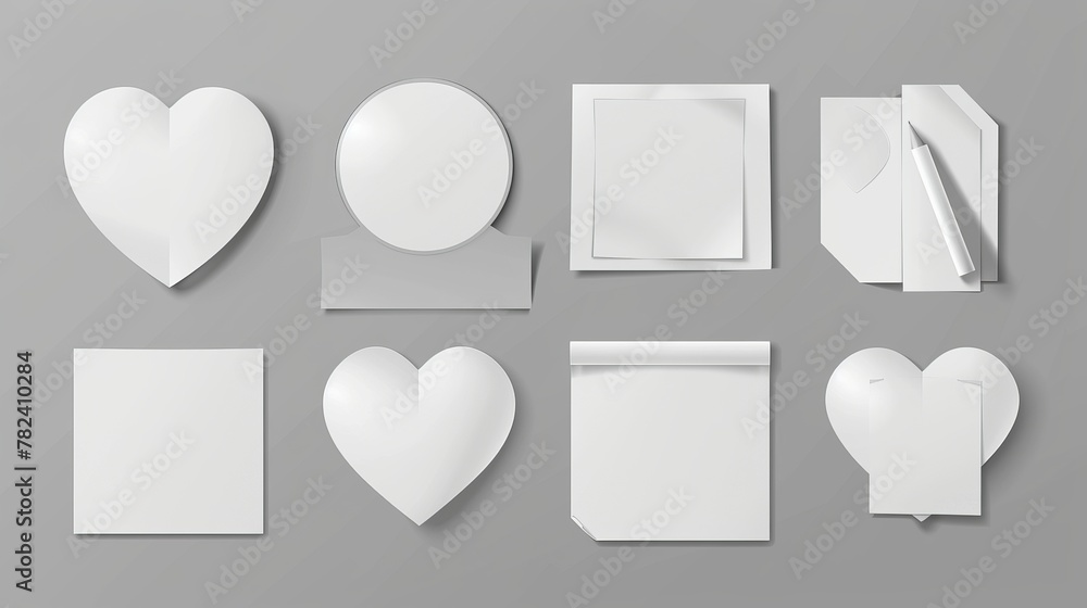 Poster isolated on gray background, white blank round, rectangle, and heart sticky notes. modern realistic 