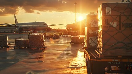 Airplane with cargo boxes and loading crew at airport, wide plane in the sunlight. The success of air transport, flight travel, and shipping. AI generated illustration - obrazy, fototapety, plakaty
