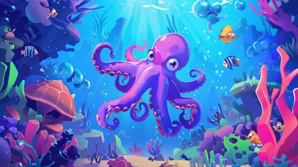 An underwater landscape with wild marine animals and funny octopus and turtle characters. Scuba diving banner with sea life illustrations.