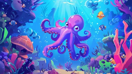 Crédence de cuisine en verre imprimé Vie marine An underwater landscape with wild marine animals and funny octopus and turtle characters. Scuba diving banner with sea life illustrations.