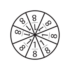 Fraction one eighth in a circle sign. The circle is divided into eight parts