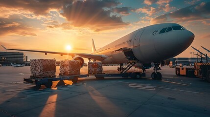 Airplane with cargo boxes and loading crew at airport, wide plane in the sunlight. The success of air transport, flight travel, and shipping. AI generated illustration - obrazy, fototapety, plakaty