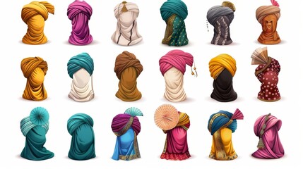 Indian and Arab turbans. Modern realistic set of blank winding headscarves, traditional Indian clothes, pagdi isolated on white. - obrazy, fototapety, plakaty