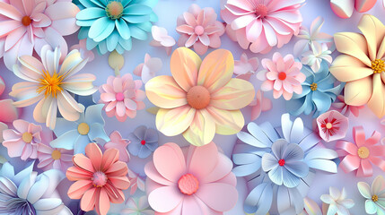 Multicolored flowers of various shapes and sizes arranged on a light, pastel background.