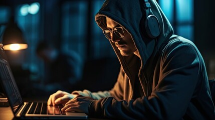 Cyber Vigilante Working Intently on Laptop Generative AI - obrazy, fototapety, plakaty