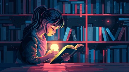 Cartoon book club landing page. Young woman reading in a dark room filled with bookcases. Book club service or online application, modern banner. - obrazy, fototapety, plakaty