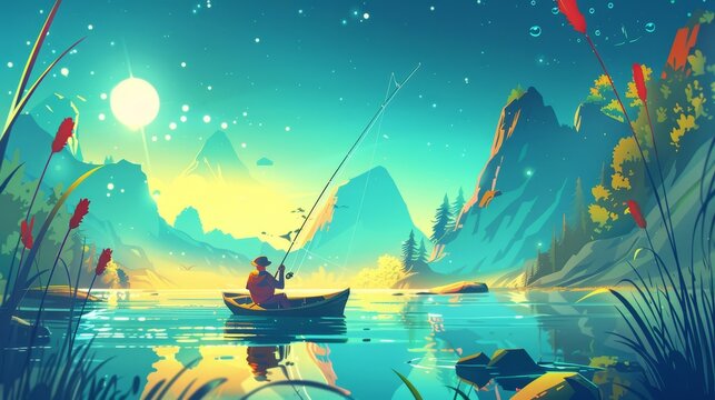 Angling website with lake and man in boat. Angler catching fish in river, pond, or ocean. Modern landing page of summer vacation activity with cartoon landscape.