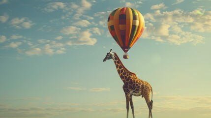 A giraffe, with its distinctive long neck and spotted coat, stands next to a colorful hot air balloon in a grassy field. The scene captures the juxtaposition of the tall giraffe and the inflated