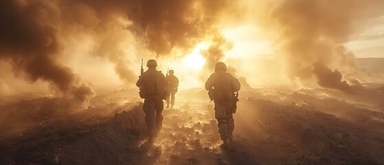 Valor Amidst Havoc: Soldiers' Steadfast March. Concept Military Honor, Unwavering Courage, Sacrifice for Freedom, Resilient Warriors - obrazy, fototapety, plakaty
