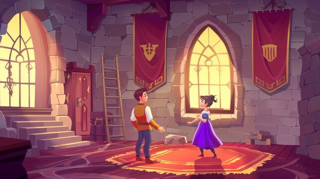 Princess is invited for dance by the prince in the castle hall, it has stone walls, a ladder, and a wide window, room decorated with red banners, stairs carpet, Cartoon modern illustration.
