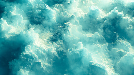 Soft and fluffy cloud texture, full of lightness and unpredictability with space for text in blue-green shades