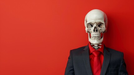 a skeleton in a suit and tie against a red wall - obrazy, fototapety, plakaty