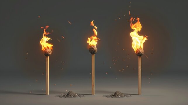 In this modern realistic set of wood rods with yellow flame isolated on gray background are various stages of burning wooden match sticks. Whole, ignited, and burnt match sticks. Modern realistic set