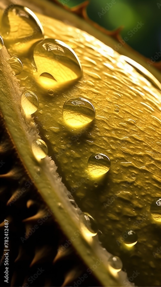 Poster juicy translucent backlit durian slice in extreme macro close-up generative ai