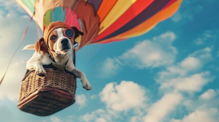 Pilot dog is flying in a hot air balloon high up in the sky. The colorful balloon contrasts against the blue sky as the dog looks out into the horizon.