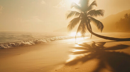 Tranquil Summer Scene, Silhouette of Palm Tree Cast on Soft Beach Sand. Relaxing Coastal Ambiance with Tropical Vibes.
