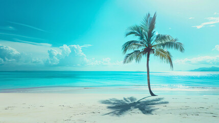 Tranquil Summer Scene, Silhouette of Palm Tree Cast on Soft Beach Sand. Relaxing Coastal Ambiance with Tropical Vibes.
