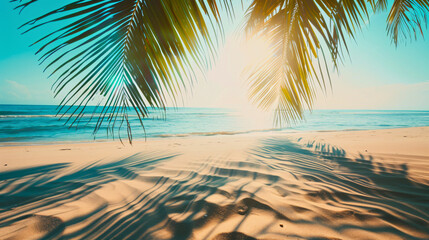 Tranquil Summer Scene, Silhouette of Palm Tree Cast on Soft Beach Sand. Relaxing Coastal Ambiance with Tropical Vibes.
