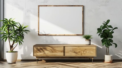 wooden photo frame mockup with beige vase with eucalyptus. rendering 3d