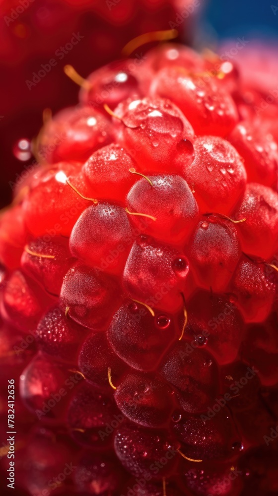 Poster juicy backlit raspberry slice in extreme macro close-up generative ai