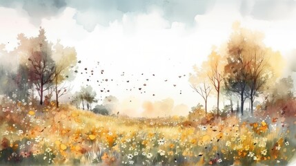 Fototapeta premium Vibrant Autumn Floral Watercolor Landscape Generative AI