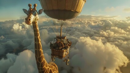 A giraffe is staring curiously at a colorful hot air balloon floating in the sky. The balloon is gracefully gliding above the giraffe, creating a unique and eye-catching scene.
