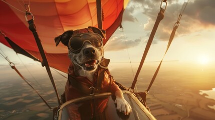 Pilot dog is sitting calmly on the top of a colorful hot air balloon as it floats in the sky. The dog appears relaxed and content with the unusual setting.