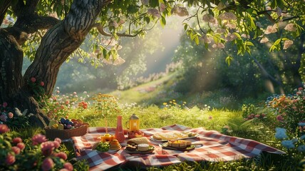 A picturesque scene of a birthday picnic in a sun-dappled meadow, complete with a checkered blanket spread under a canopy of trees.
