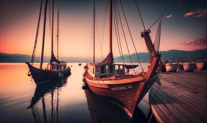 Fototapeta premium Serene Sailboats Moored in the Bardolino Harbor at Sunset Generative AI