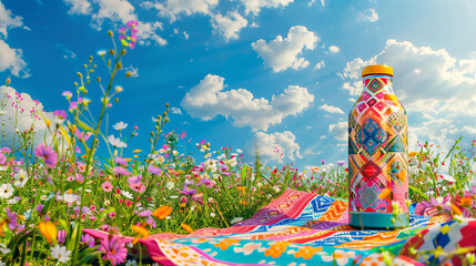 A bright, patterned thermos bottle mockup placed on a colorful picnic blanket in a blooming wildflower field, under a sunny blue sky. 32k, full ultra hd, high resolution