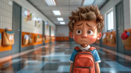 a cartoon boy with a backpack in a hallway
