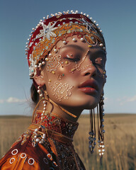 A realistic close up shot of black Kazakh woman model with jewelry and pearls on her face wearing rust long voluminous dress embroidered and traditional Kazakh headwear