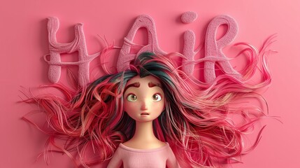 a doll with pink hair and a pink dress with the word hair