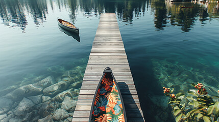 A bright, tropical print blank mockup shirt laid out on a smooth, wooden dock extending into a...