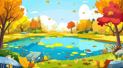 Forest and lake landscape with autumnal foliage, yellow foliage, green grass and stone. Modern parallax background for 2D animations. - obrazy, fototapety, plakaty