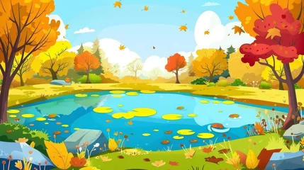 Fototapete Forest and lake landscape with autumnal foliage, yellow foliage, green grass and stone. Modern parallax background for 2D animations. © Mark